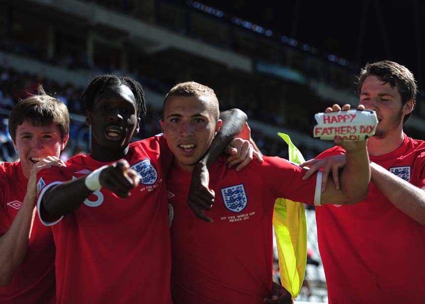 Hallam Hope celebrates his goal against Rwanda